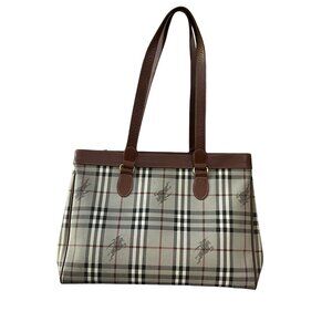Burberry Haymarket Check Tote Gray Brown Bag Vintage Authentic Handbag